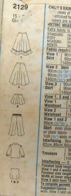 STYLE 2129 KIDS SKIRT-WAISTCOAT-SHIRT-PANTS SIZE 4 YEARS-CHEST 58 CM -SHORT SKIRT NOT SUPPLIED