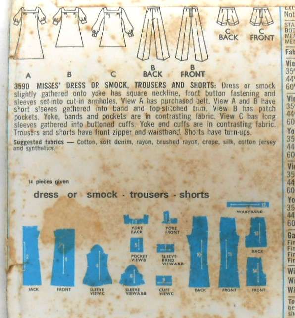 VINTAGE STYLE 3590DRESS OR SMOCK-PANTS-SHORTS SIZE 16 BUST 38 COMPLETE-PART CUT