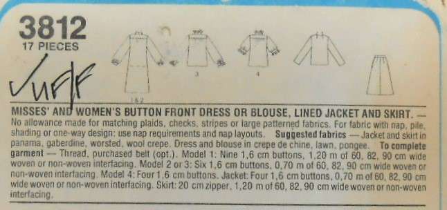 STYLE 3812 FRONT BUTTON DRESS-BLOUSE-LINED JACKET-SKIRT SIZE 12-14-16 COMPLETE-UNCUT-F/FOLDED