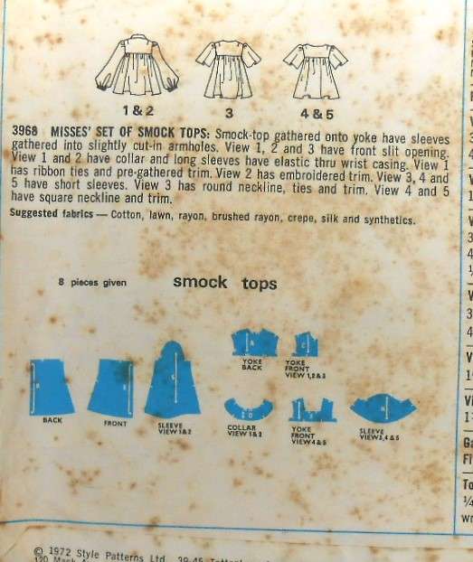 VINTAGE STYLE 3968 SET OF SMOCK TOPS SIZE 16 BUST 38 COMPLETE