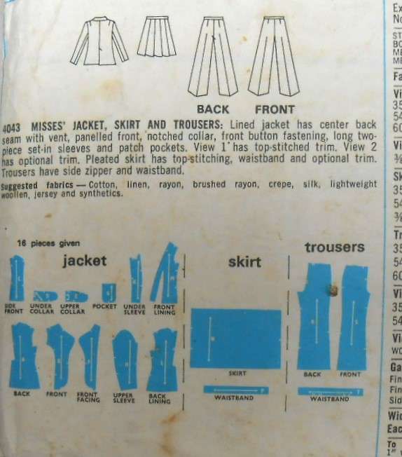 VINTAGE STYLE 4043 JACKET-SKIRT-PANTS SIZE 14 BUST 36 COMPLETE