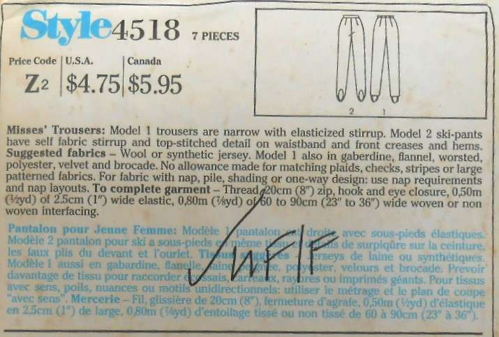 STYLE 4518 SET OF STIRUPP PANTS SIZE 10-12-14 COMPLETE-UNCUT-F/FOLDED
