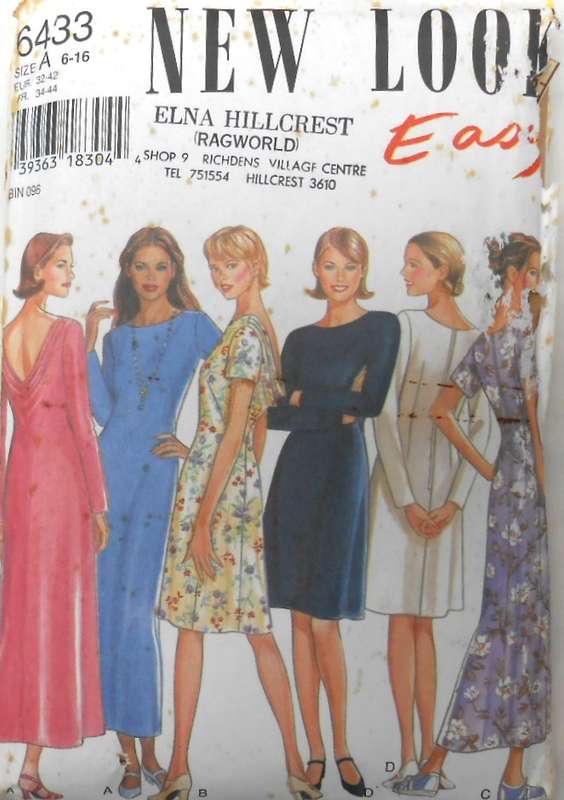 NEW LOOK PATTERNS 6433 DRESS WITH COWL NECK BACK FEATURE SIZE 6-16- COMPLETE-PART CUT TO 14