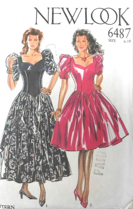 NEW LOOK PATTERNS 6487 DRESS WITH SWEETHEART NECKLINE+PUFF SLEEVES SIZE 6-18 COMPLETE-CUT TO 10