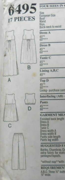 NEW LOOK PATTERNS 6495 HIGH BODICE DRESS & TOPS+TIEBACK-PANTS SIZE S-XL-COMPLETE CUT TO XL 22-24
