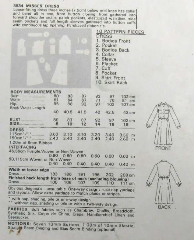 BUTTERICK 3534 LOOSE FITTING DRESS SIZE-14-16-18- COMPLETE-CUT TO 16