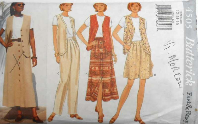BUTTERICK 4505 WAISTCOAT-TOP-SKIRT-SHORTS-PANTS SIZE 12-14-16 COMPLETE-PART CUT TO 16