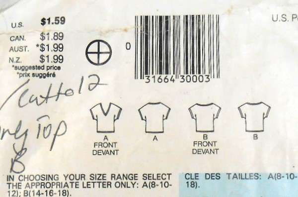 BUTTERICK 5301 SET OF TOPS SIZE 8-10-12 COMPLETE-CUT TO 12