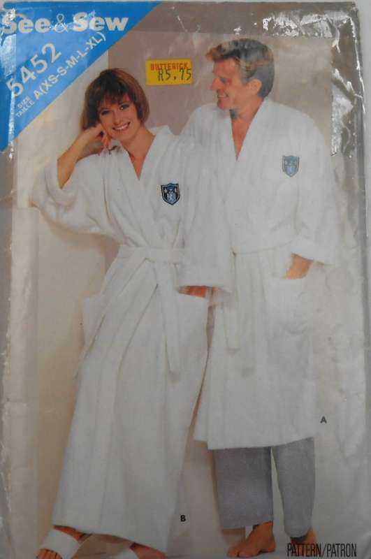 BUTTERICK 5452 UNISEX ROBE SIZE XS-S-M-L-XL (30-48) COMPLETE-CUT TO XL 46-48