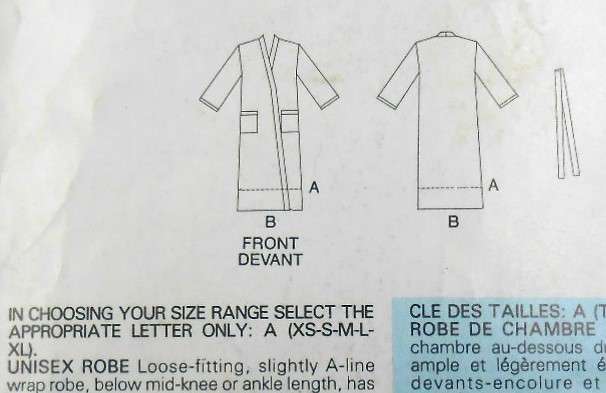 BUTTERICK 5452 UNISEX ROBE SIZE XS-S-M-L-XL (30-48) COMPLETE-CUT TO XL 46-48