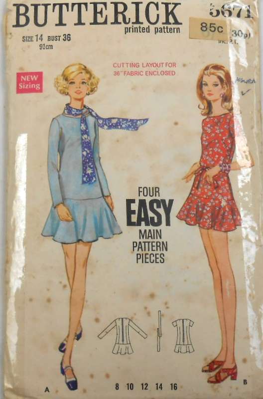 VINTAGE BUTTERICK 5671 ONE PIECE DRESS SIZE 14 BUST 36 COMPLETE