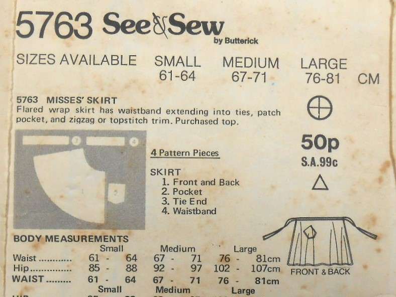 BUTTERICK 5763 WRAP SKIRT SIZE MEDIUM 12- 14 COMPLETE