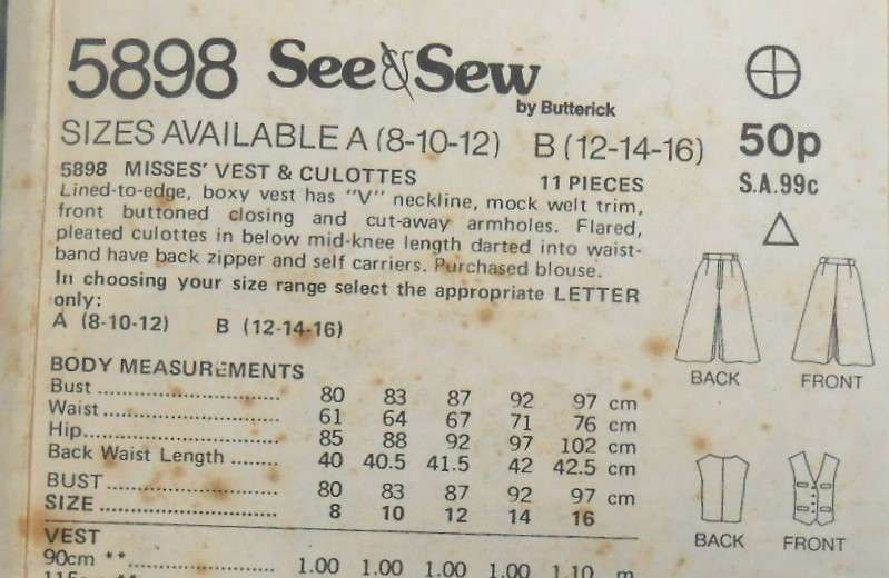 BUTTERICK 5898 WAISTCOAT & CULOTTES SIZE 8-10-12 COMPLETE-CUT TO 12