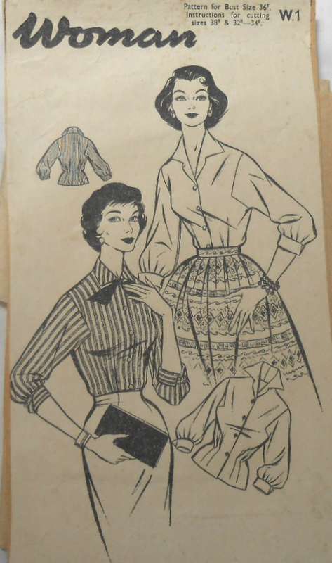 VERY VINTAGE "WOMAN" BLOUSE PATTERN No. W 1 SIZES 32-34 & 38" COMPLETE-ZIPLOC