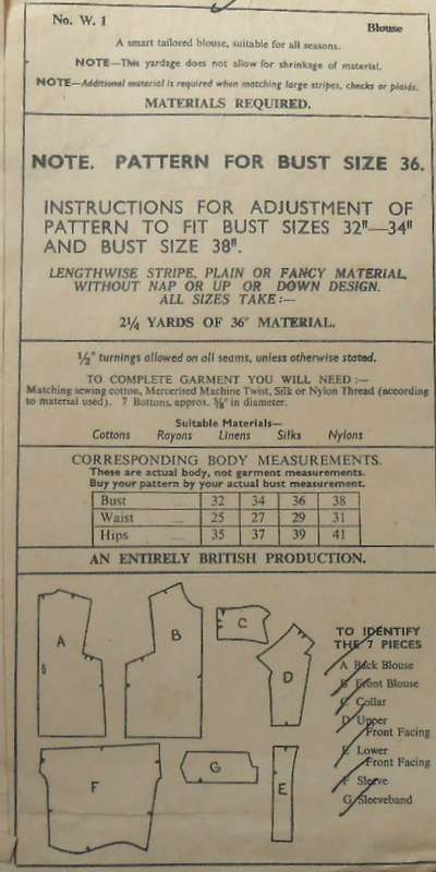 VERY VINTAGE "WOMAN" BLOUSE PATTERN No. W 1 SIZES 32-34 & 38" COMPLETE-ZIPLOC