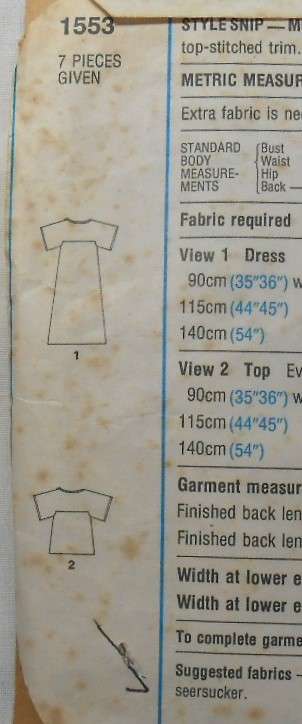 VINTAGE STYLE 1553 DRESS-TOP SIZES 12 BUST 87 CM COMPLETE-ZIPLOC