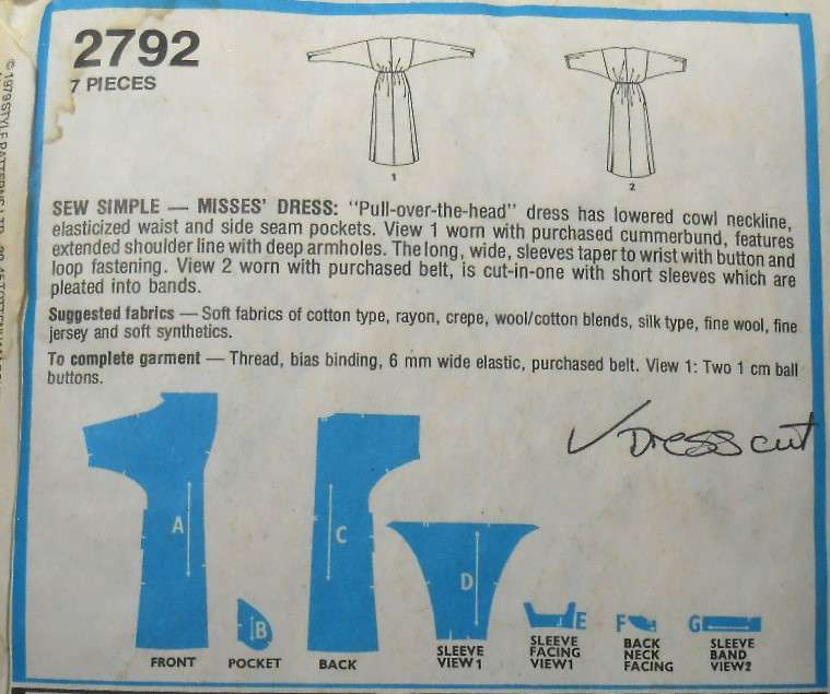 VINTAGE STYLE 1553 DRESS-TOP SIZES 12 BUST 87 CM COMPLETE-ZIPLOC