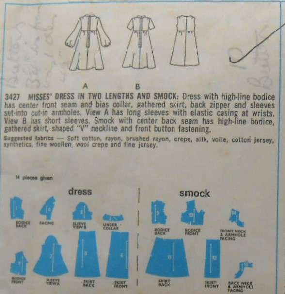 VINTAGE STYLE 3427 DRESS IN 2 LENGTHS & SMOCK SIZE 12 BUST 34 COMPLETE-ZIPLOC