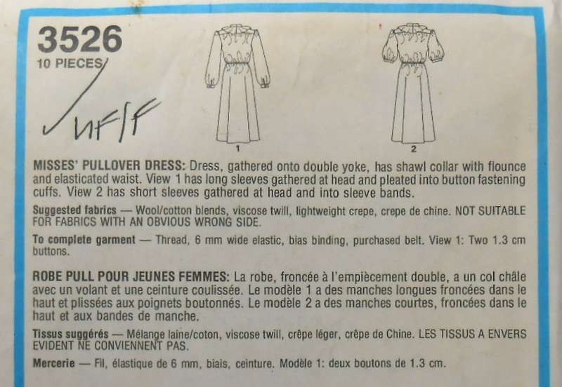 STYLE 3526 PULLOVER DRESS WITH SHAWL COLLAR SIZE 16 COMPLETE-UNCUT-F/FOLDED