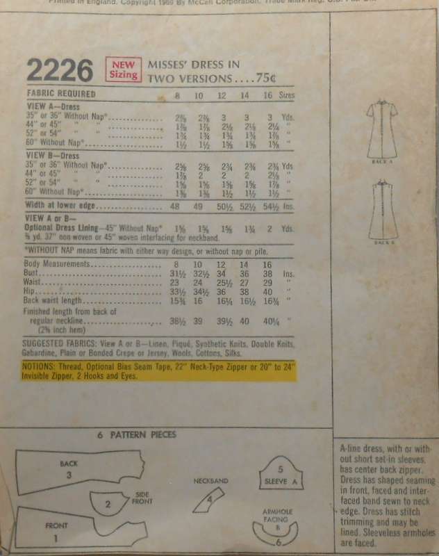 VINTAGE McCALLS 2226 A-LINE DRESS SIZE 10 BUST 32 1/2" COMPLETE-ZIPLOC