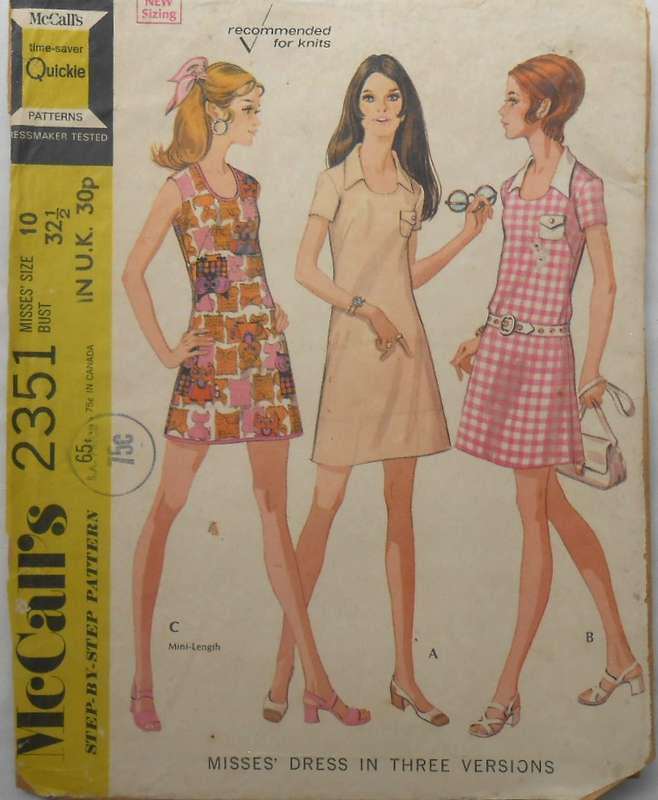 VINTAGE McCALLS 2351 DRESS IN 3 VERSIONS SIZE 10 BUST 32 1/2" COMPLETE-ZIPLOC
