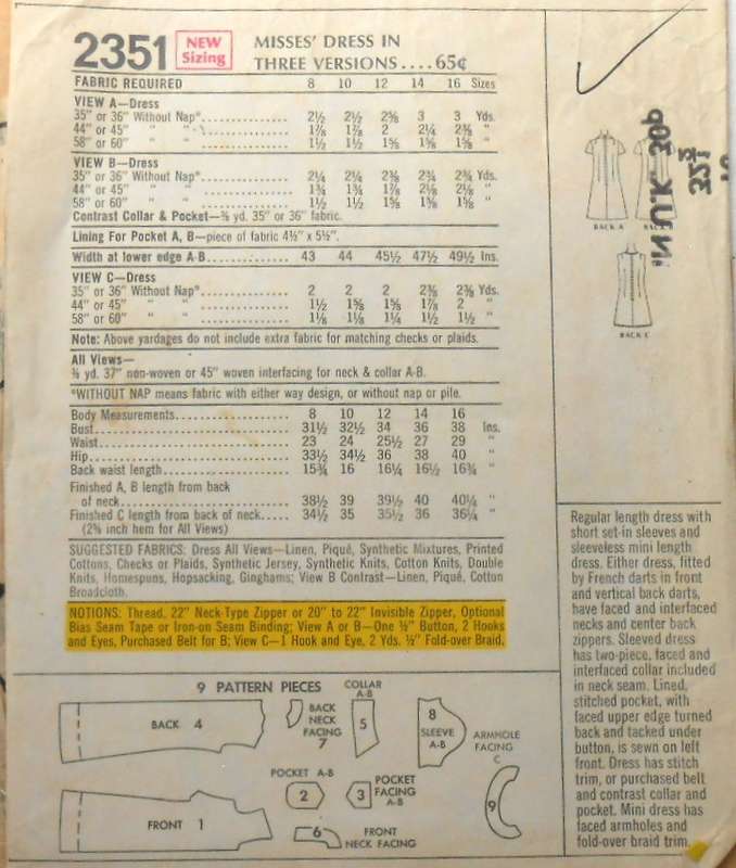 VINTAGE McCALLS 2351 DRESS IN 3 VERSIONS SIZE 10 BUST 32 1/2" COMPLETE-ZIPLOC