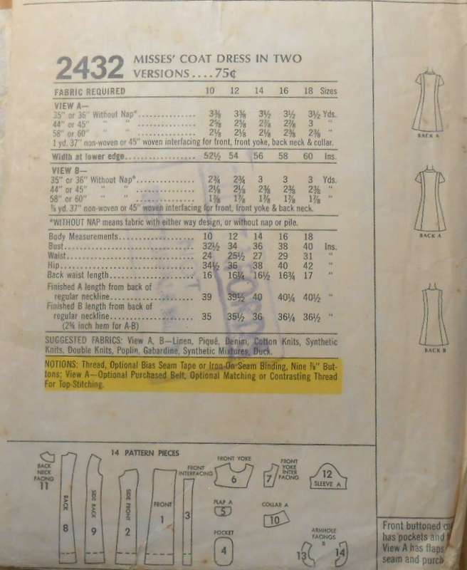 VINTAGE McCALLS 2432 DRESS IN 2 VERSIONS SIZE 18 BUST 40" COMPLETE-ZIPLOC