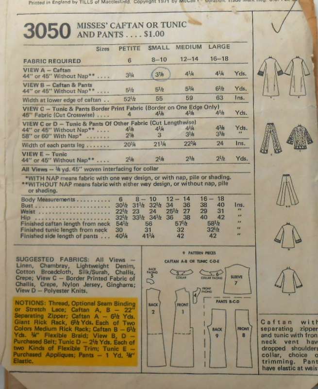 VINTAGE McCALLS 3050 CAFTAN-TUNIC-PANTS SIZE 8-10 BUST 31 1/2 - 32 1/2 COMPLETE-ZIPLOC