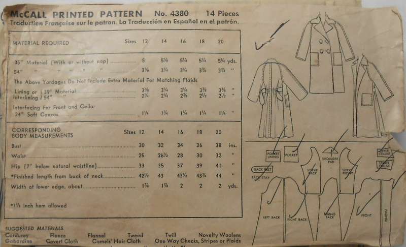 V/VINTAGE McCALLS 4380 MISSES COAT SIZE 14 BUST 32 COMPLETE-ZIPLOC
