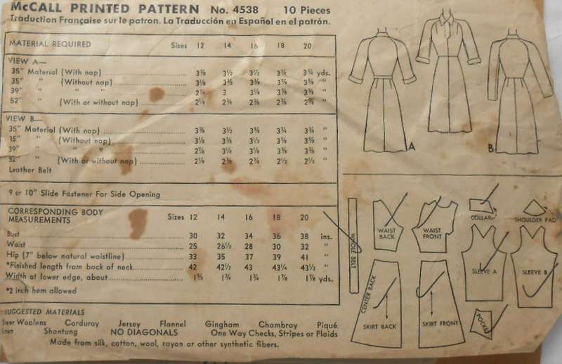 V/VINTAGE McCALLS 4538 FRONT BUTTON DRESS SIZE 16 BUST 34 COMPLETE-SEE LISTING-ZIPLOC