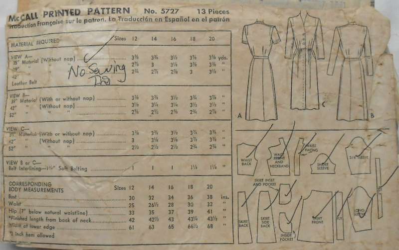 V/VINTAGE McCALLS 5727 WOMENS DRESS SIZE 14 BUST 32-SEE LISTING-ZIPLOC
