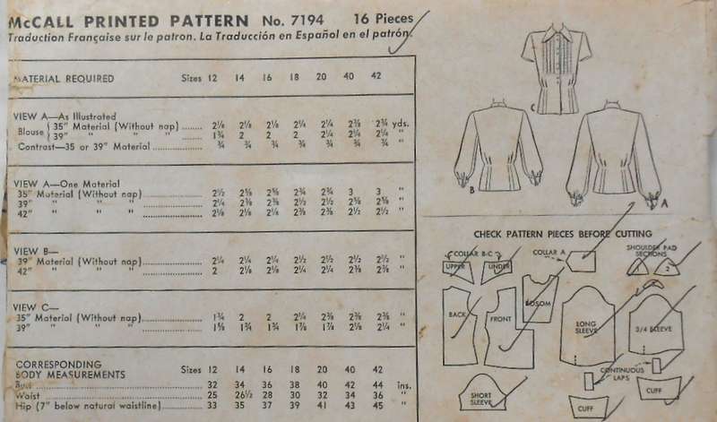V/VINTAGE McCALLS 7194 BLOUSE SIZE 14 BUST 32-SEE LISTING-ZIPLOC