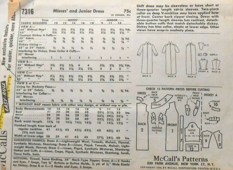 V/VINTAGE McCALLS 7316 MISSES DRESS SIZE 10 COMPLETE-ZIPLOC