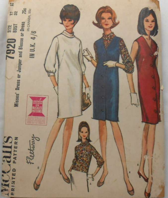 V/VINTAGE McCALLS 7920 MISSES DRESS OR PINAFORE & BLOUSE SIZE 12 BUST 34 COMPLETE-ZIPLOC
