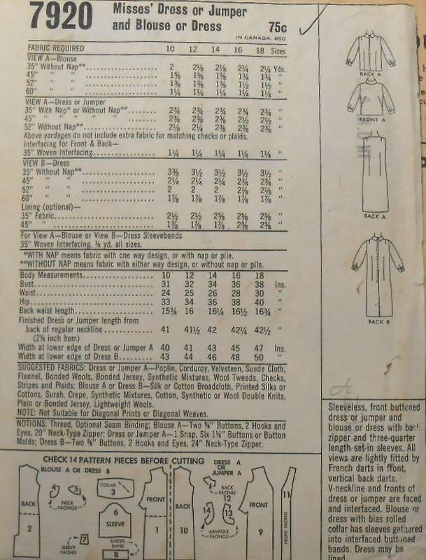V/VINTAGE McCALLS 7920 MISSES DRESS OR PINAFORE & BLOUSE SIZE 12 BUST 34 COMPLETE-ZIPLOC