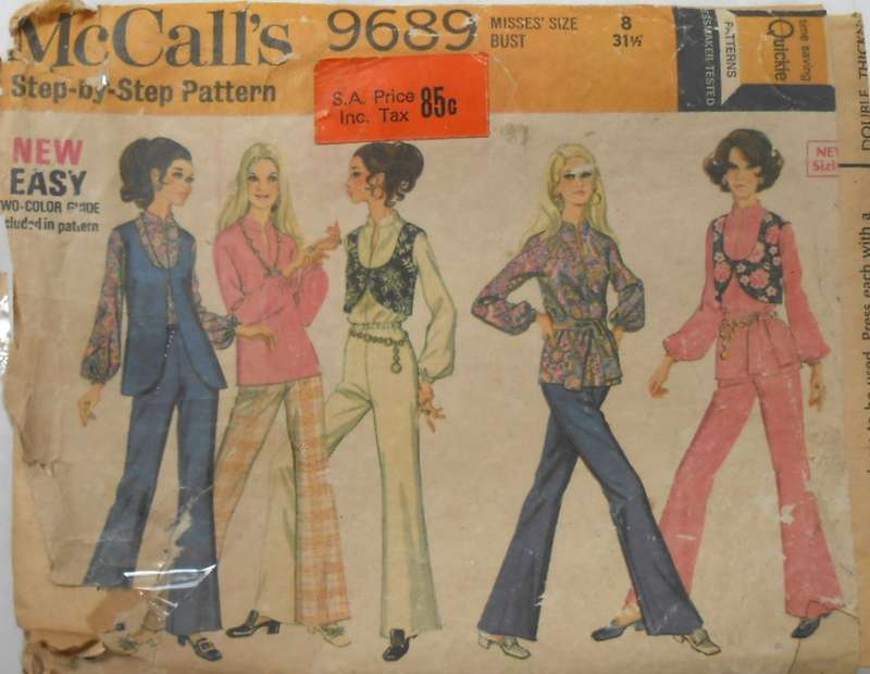 VINTAGE McCALLS 9689 BLOUSE-SHORT/LONG WAISTCOAT-BELL BOTTOMS SIZE 8 COMPLETE-ZIPLOC