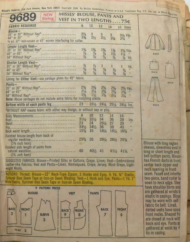 VINTAGE McCALLS 9689 BLOUSE-SHORT/LONG WAISTCOAT-BELL BOTTOMS SIZE 8 COMPLETE-ZIPLOC