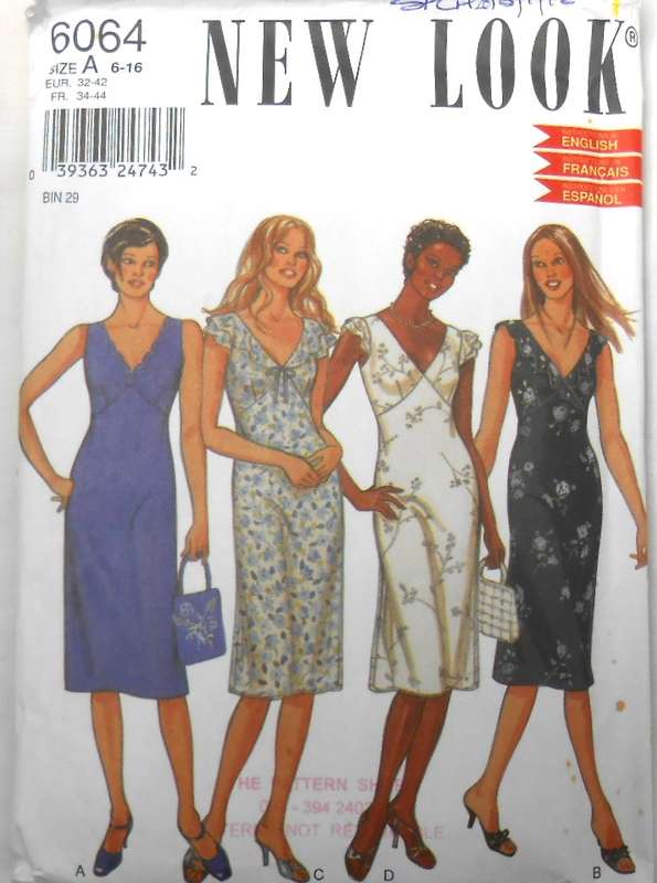 NEW LOOK PATTERNS 6064 V NECK HIGH BODICE DRESS SIZES 6-16 COMPLETE-PART CUT TO 14
