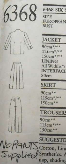 NEW LOOK PATTERNS 6368 JACKET & SKIRT SIZES 8-18-NO PANTS PATTERN SUPPLIED-CUT TO 18