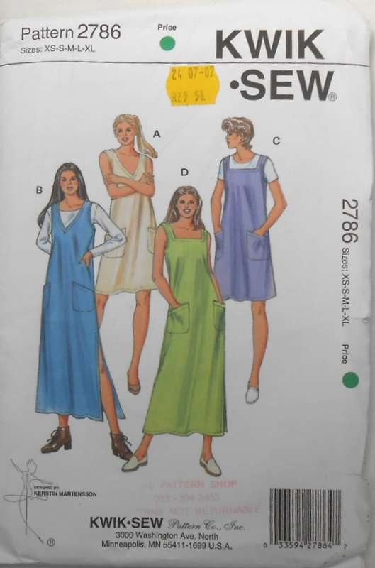 KWIK SEW 2786 PULLOVER PINAFORE & DRESSES SIZE XS-S-M-L-XL (80-114 CM) COMPLETE-CUT TO XL 112-114 CM
