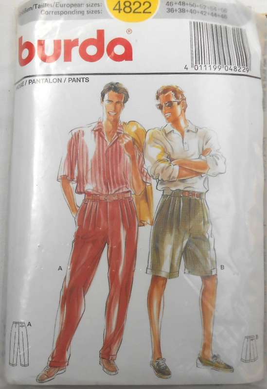 BURDA 4822 MENS TAILORED PANTS & SHORTS SIZE 36-46 COMPLETE-UNCUT-REFOLDED