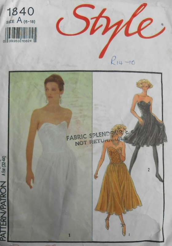 STYLE 1840 LINED STRAPELESS EVENING DRESS SIZE 6-18 COMPLETE-CUT TO 14