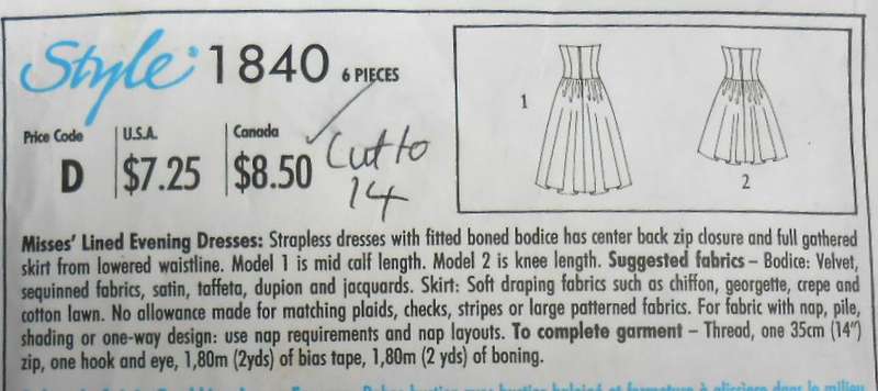 STYLE 1840 LINED STRAPELESS EVENING DRESS SIZE 6-18 COMPLETE-CUT TO 14