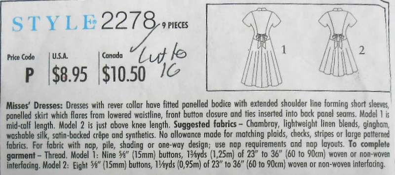 STYLE 2278 DRESSES WITH REVER COLLAR AND PANELLED BODICE SIZE 8-18 COMPLETE-CUT TO 16