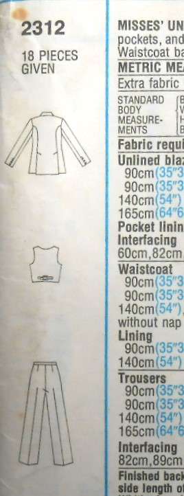 VINTAGE STYLE 2312 UNLINED BLAZER-WAISTCOAT-PANTS SIZES 14 BUST 92 CM COMPLETE-PART CUT