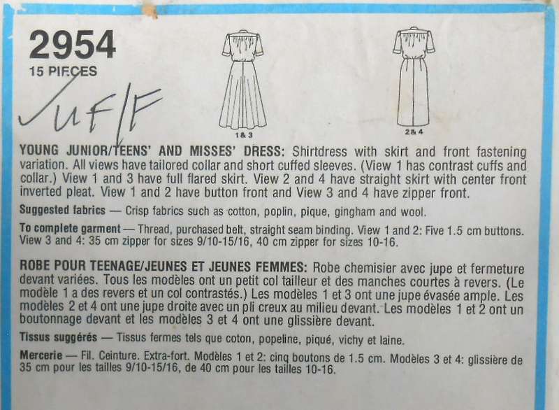 STYLE 2954 SHIRTDRESS WITH FRONT BUTTON SIZES 12 COMPLETE-UNCUT-F/FOLDED