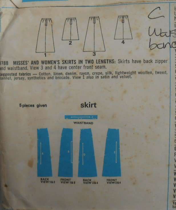 VINTAGE STYLE 3738 SKIRT IN 2 LENGTHS SIZES 14 WAIST 28 NO WAISTBAND SUPPLIED