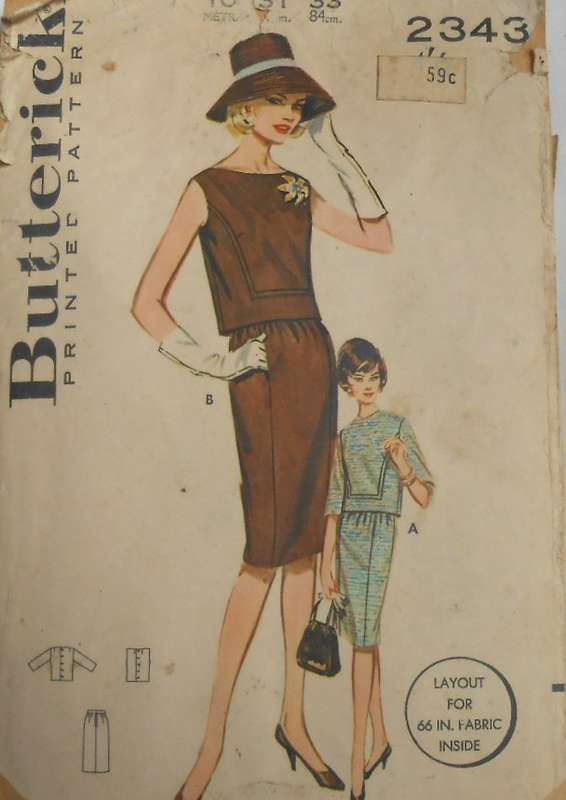 V/VINTAGE BUTTERICK 2343 TWO PIECE DRESS SIZES 10 BUST 31 COMPLETE-ZIPLOC