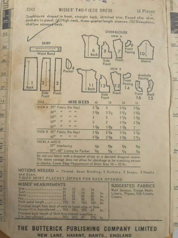 V/VINTAGE BUTTERICK 2343 TWO PIECE DRESS SIZES 10 BUST 31 COMPLETE-ZIPLOC