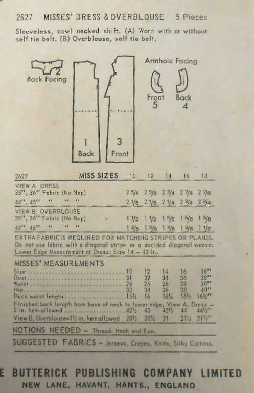 V/VINTAGE BUTTERICK 2627 MISSES DRESS & OVERBLOUSE SIZE 10 BUST 31 COMPLETE-ZIPLOC